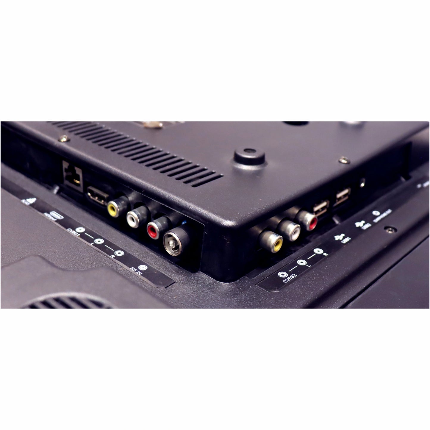 Back view of a electronic device with various ports on a white background