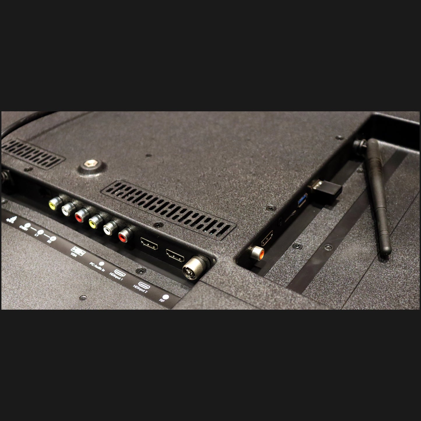 Back view of a television with connectivity ports on a black background