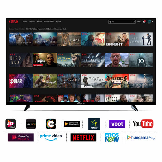 Smart TV displaying streaming platform interfaces with various app logos at the bottom.