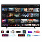 Smart TV displaying streaming platform interfaces with various app logos at the bottom.