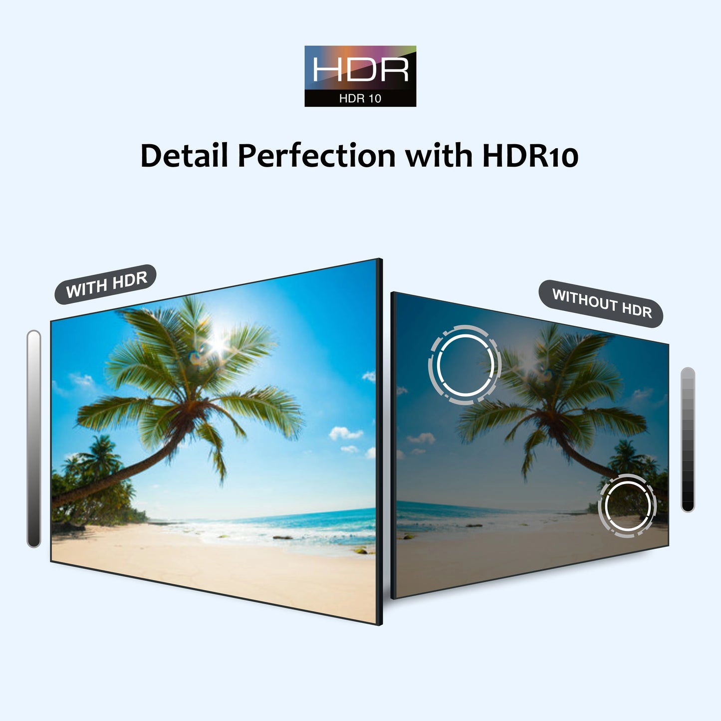 Comparison of HDR10 display technology on a screen with a beach scene.