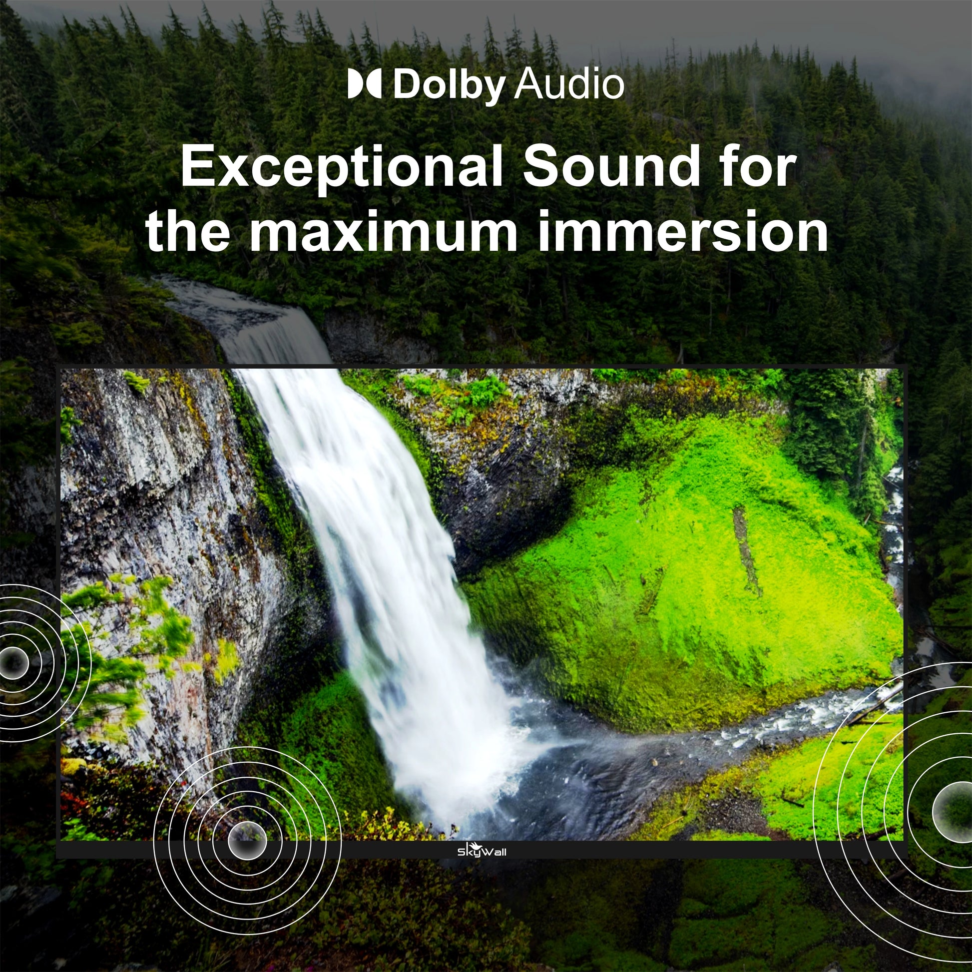 Nature scene with waterfall and Dolby Audio text overlay