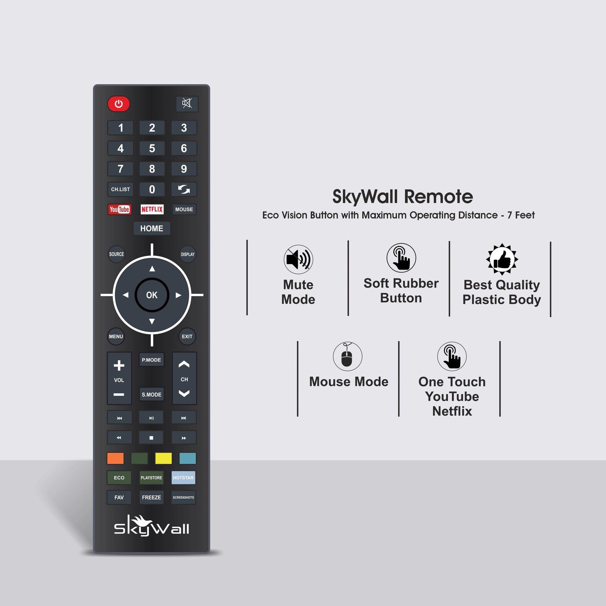Black SkyWall remote control on a light gray background with feature text.