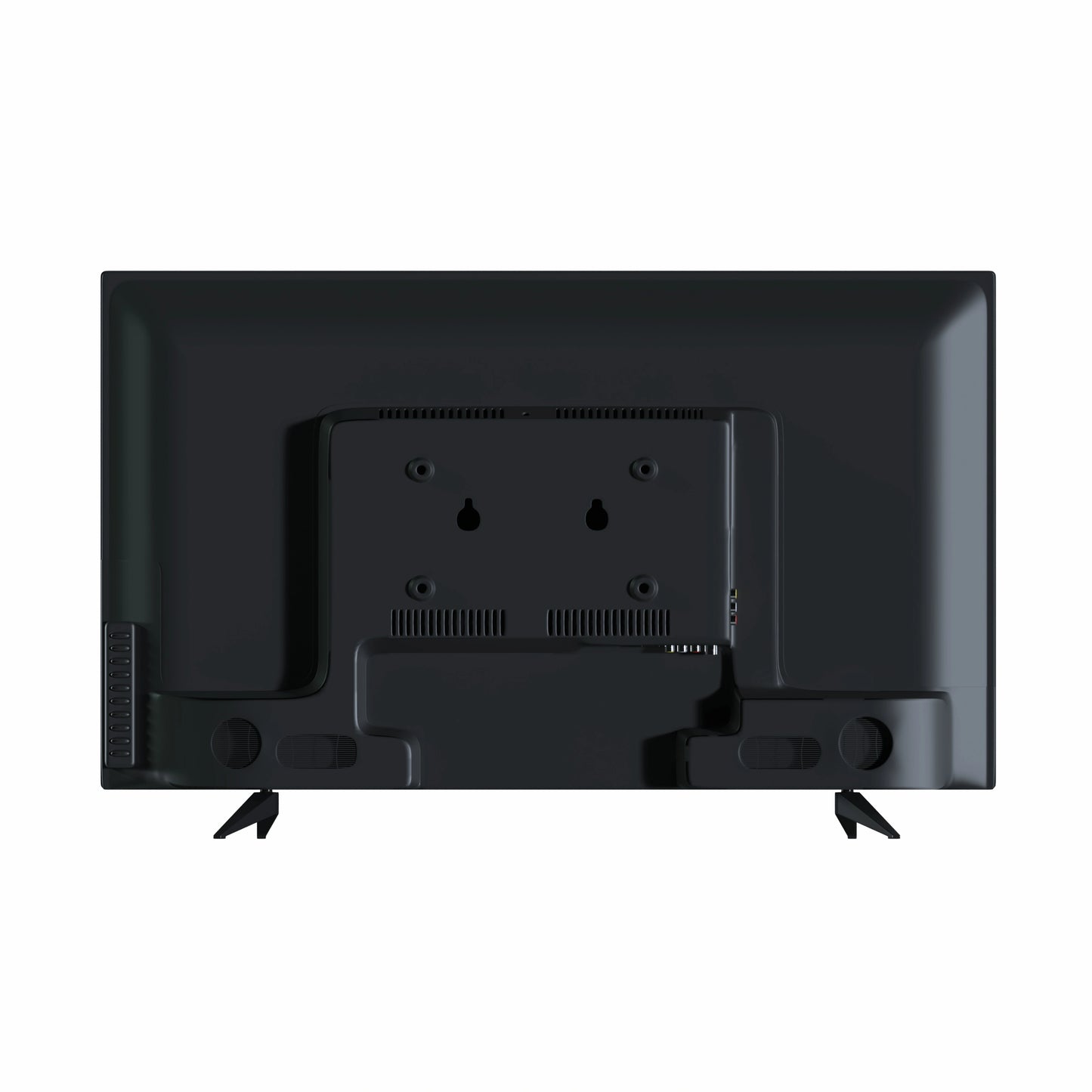 Back view of a black flat-screen TV on a white background