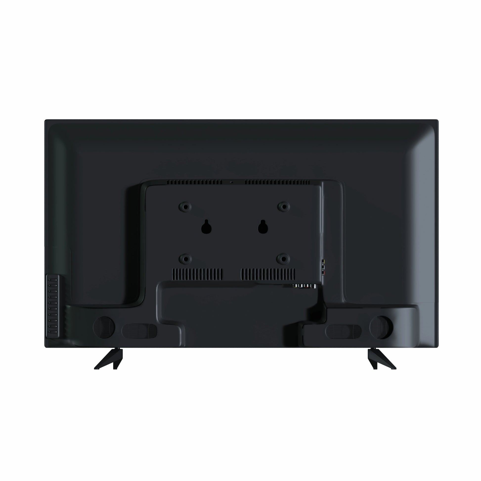 Back view of a black flat-screen TV on a white background