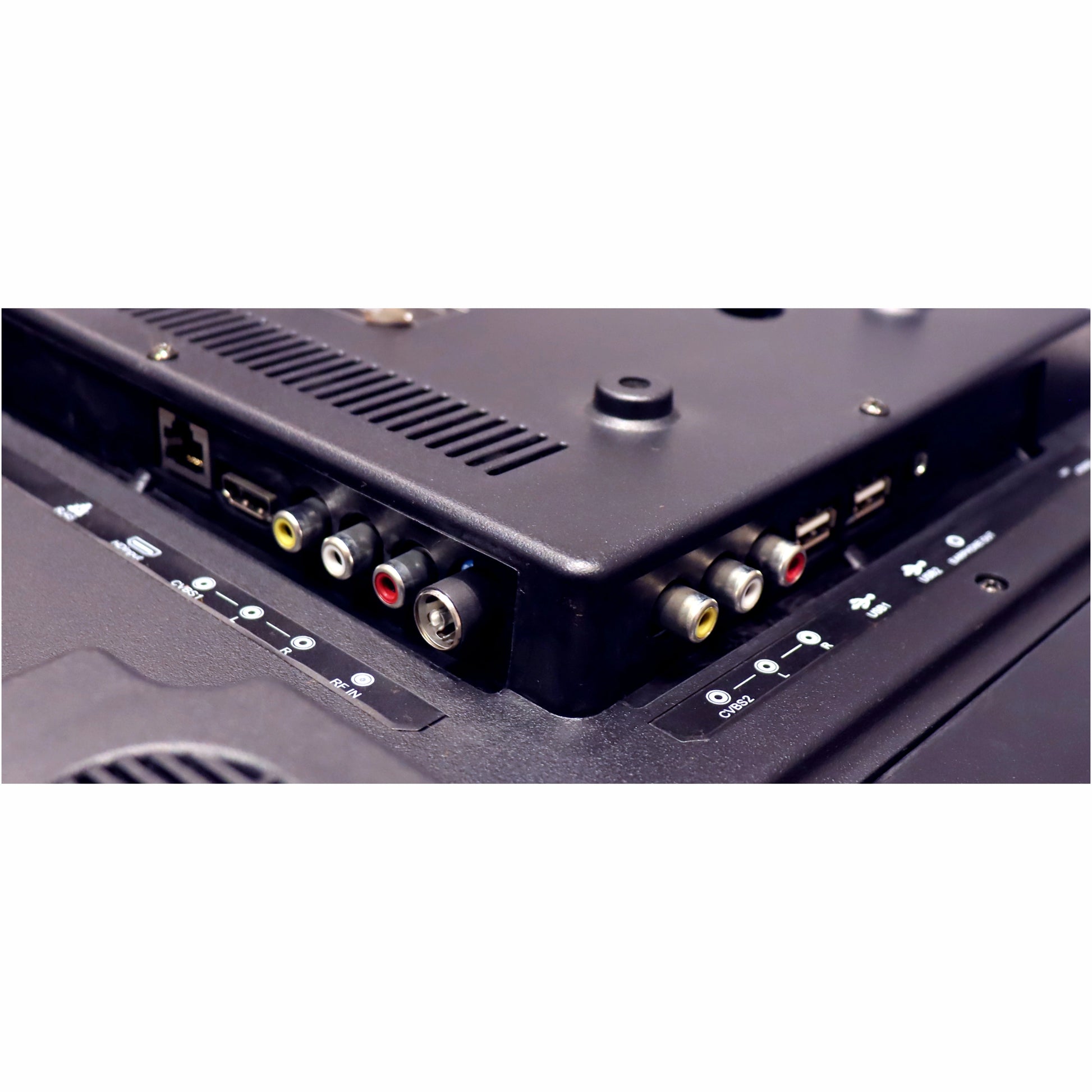 Back view of a electronic device with various ports on a white background