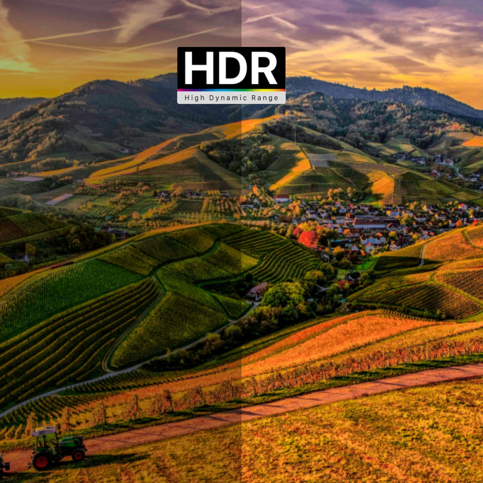 Hilly landscape with fields and a village, showcasing HDR effect.