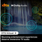 Dolby Audio advertisement with a waterfall and sound wave graphics, featuring the DTS Virtual:X technology.