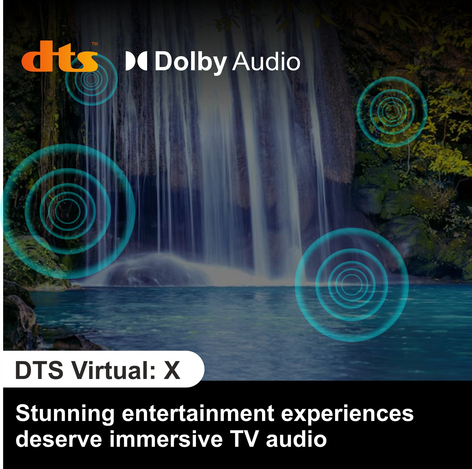 Dolby Audio advertisement with a waterfall and sound wave graphics, featuring the DTS Virtual:X technology.