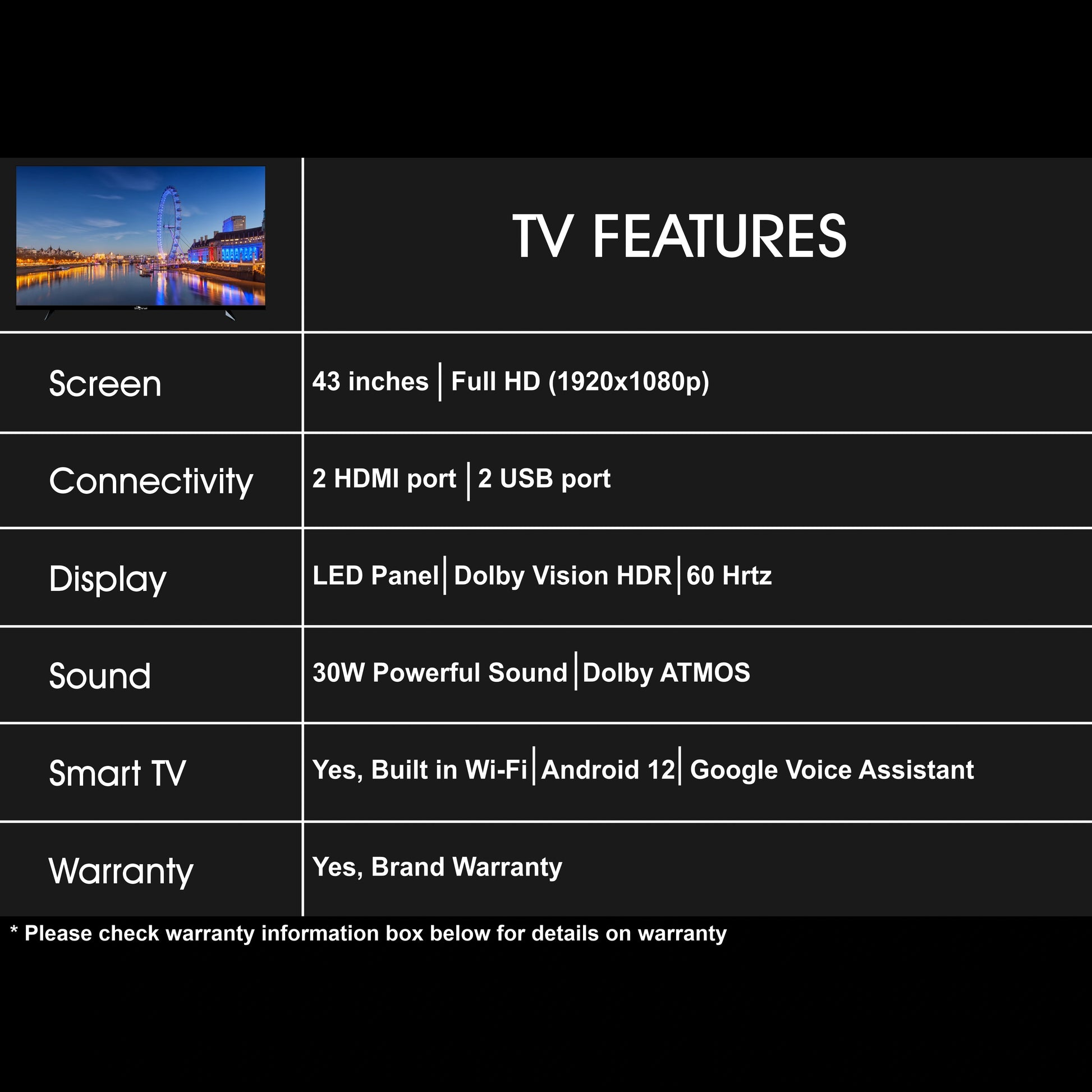 TV features list with screen size, connectivity, display, sound, smart TV, and warranty details.