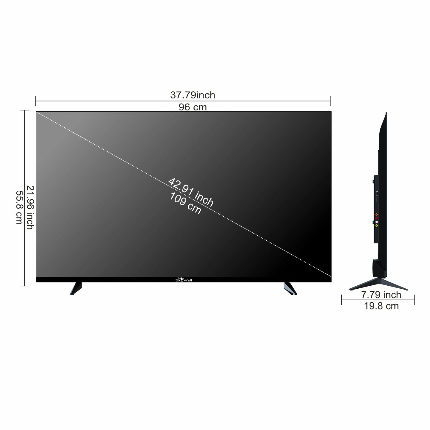 Black TV with dimensions labeled on a white background