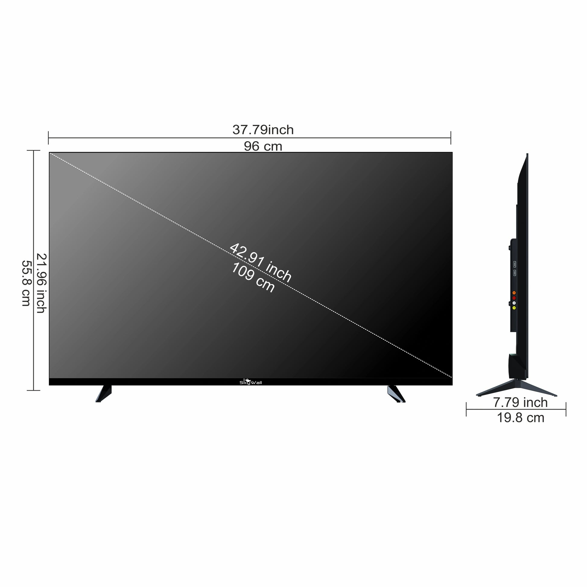 Black TV with dimensions labeled on a white background
