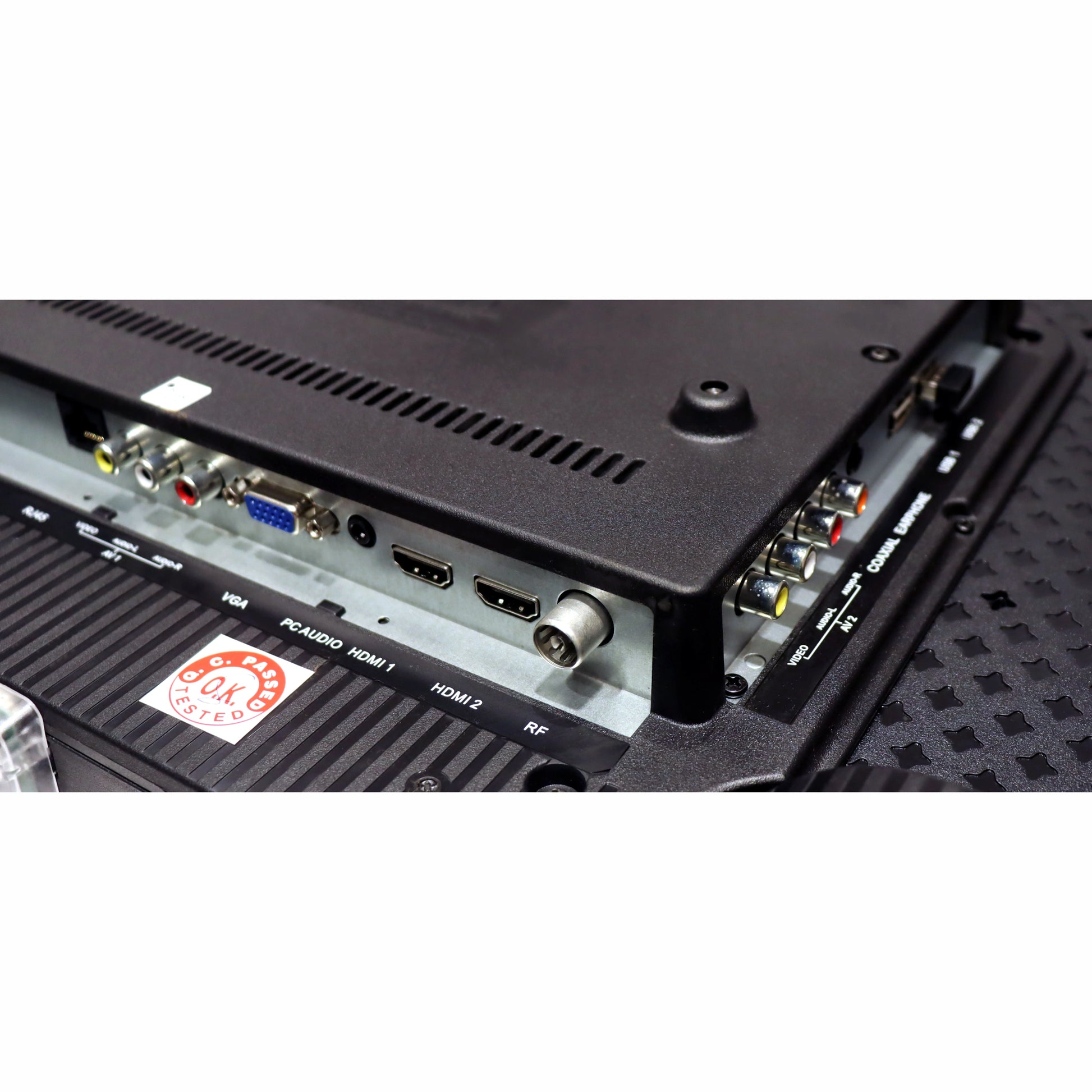 Back view of a electronic device with various ports on a white background