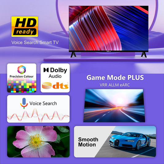 Smart TV with features like HD ready, voice search, Dolby audio, and game mode on a purple background.