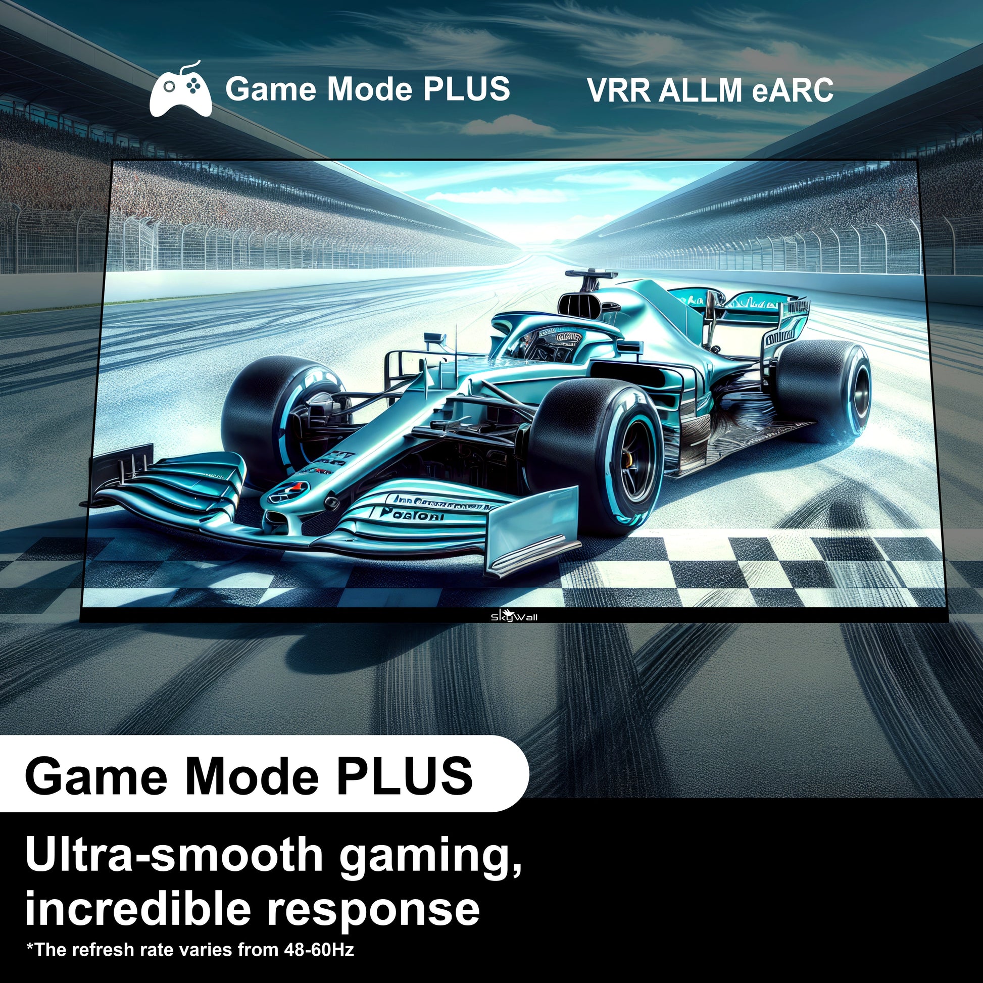 Television screen displaying a racing game with 'Game Mode PLUS' branding.