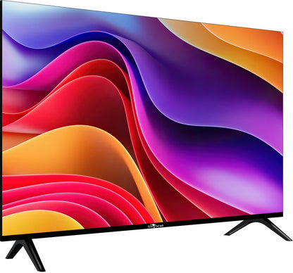 Smart TV displaying colorful abstract wave design on a white background