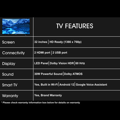 TV features list with screen size, connectivity, display, sound, smart TV, and warranty details.