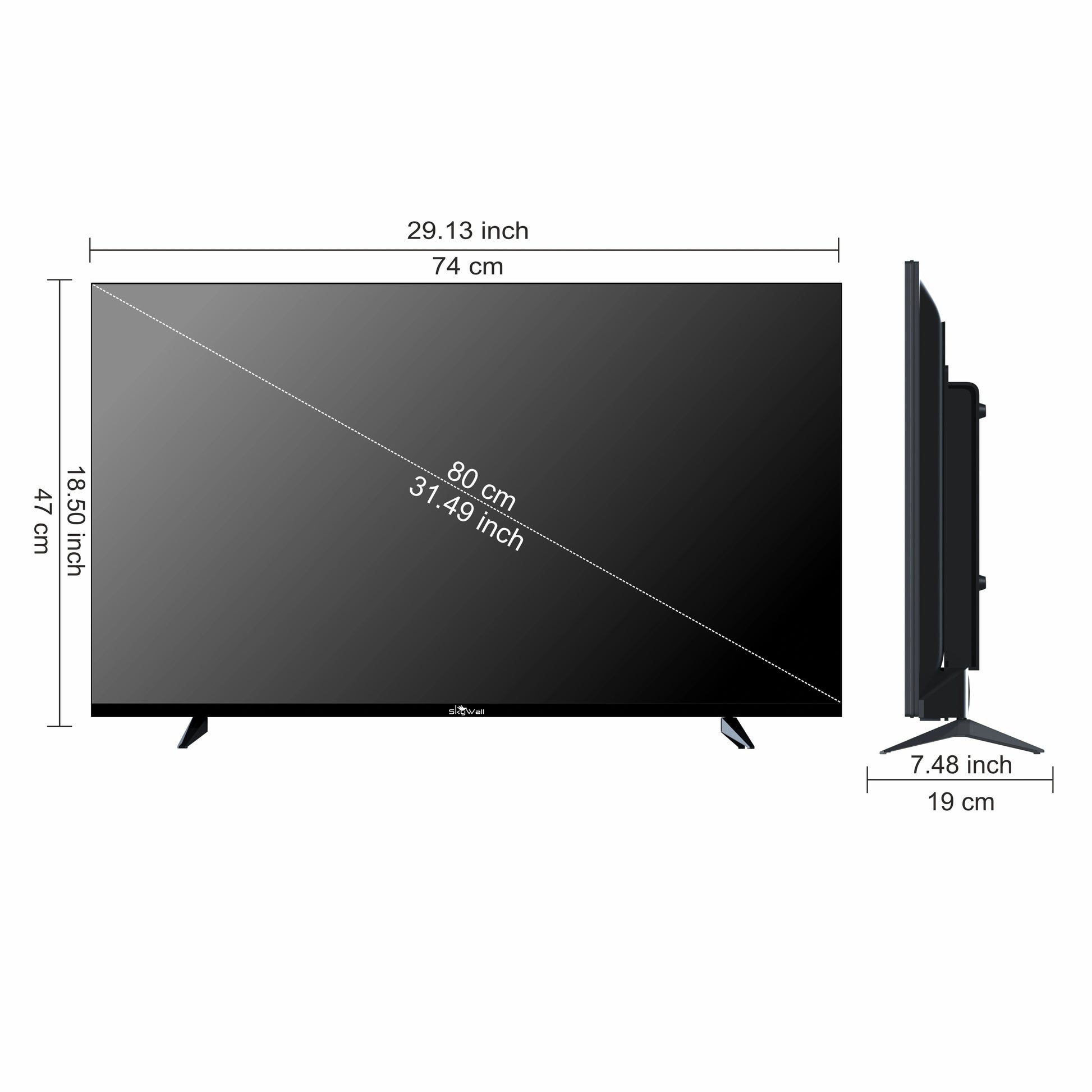 Black TV with dimensions labeled on a white background