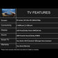 TV features list with screen size, connectivity, display, sound, smart TV, and warranty details.