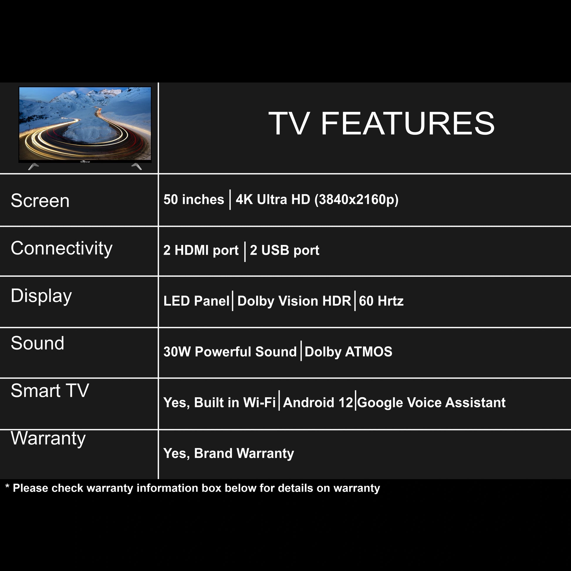 TV features list with screen size, connectivity, display, sound, smart TV, and warranty details.