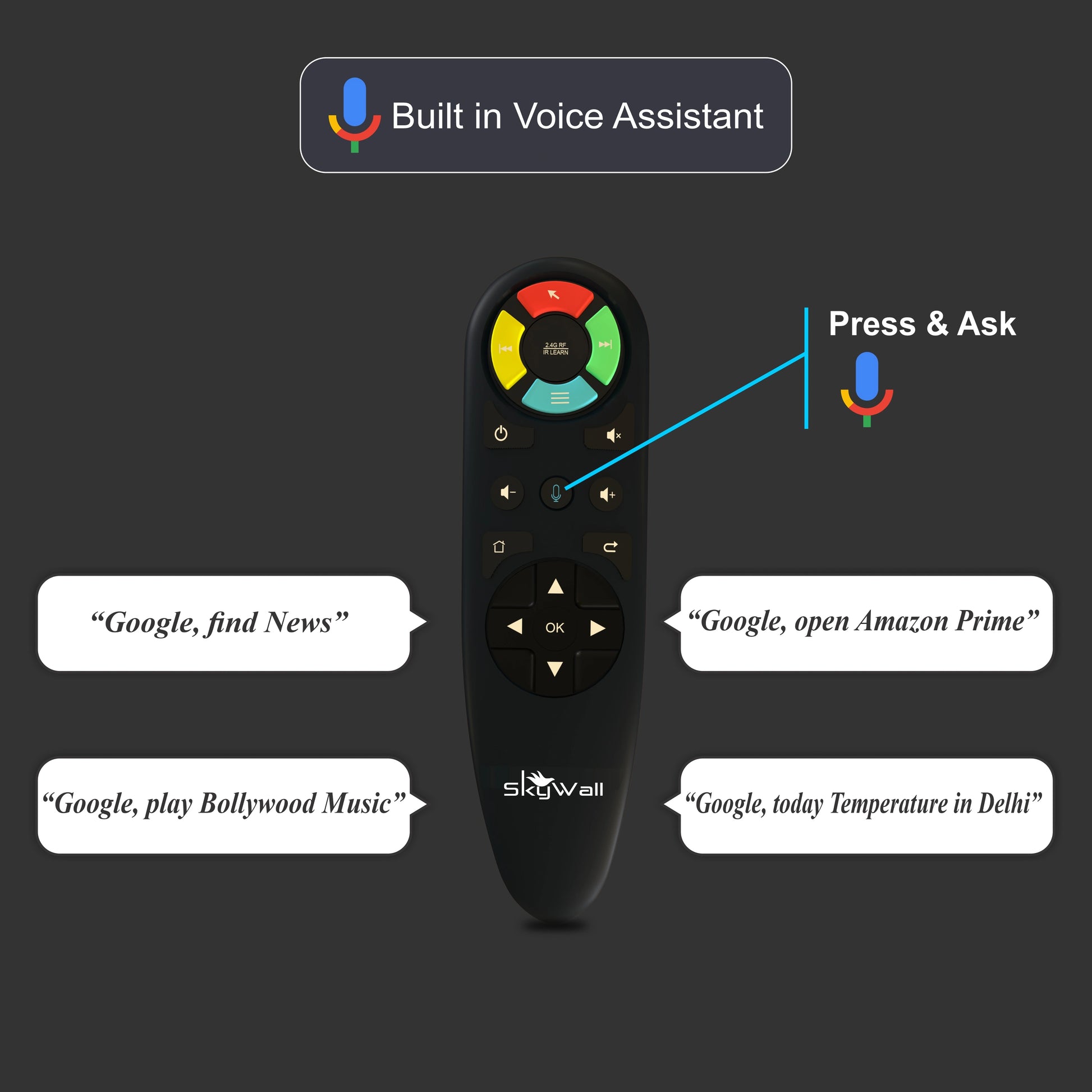 Remote control with voice assistant features on a dark background