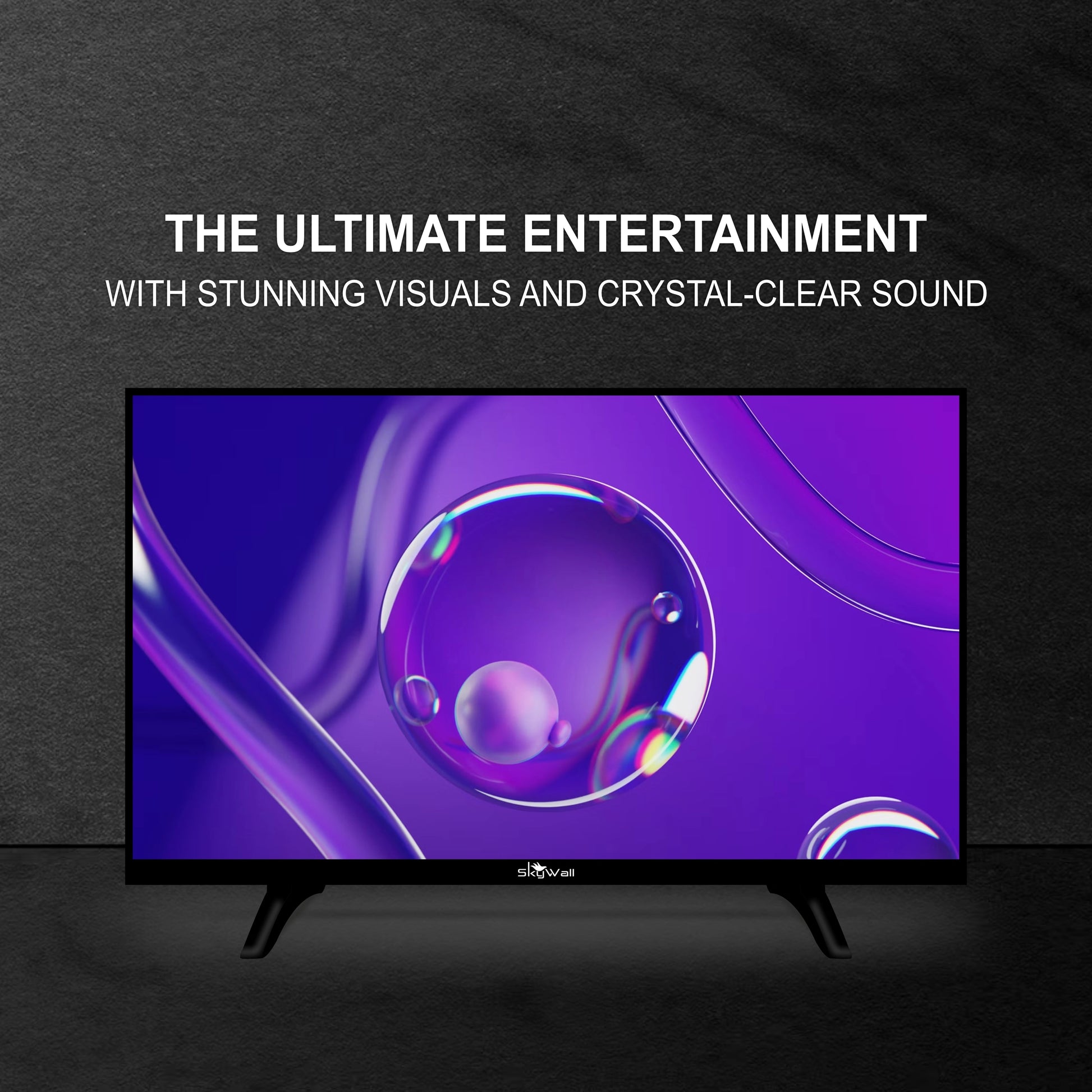 Smart TV displaying a purple abstract design with promotional text on a dark background