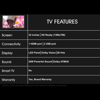 Table displaying TV features with a screen showing a butterfly on a flower.