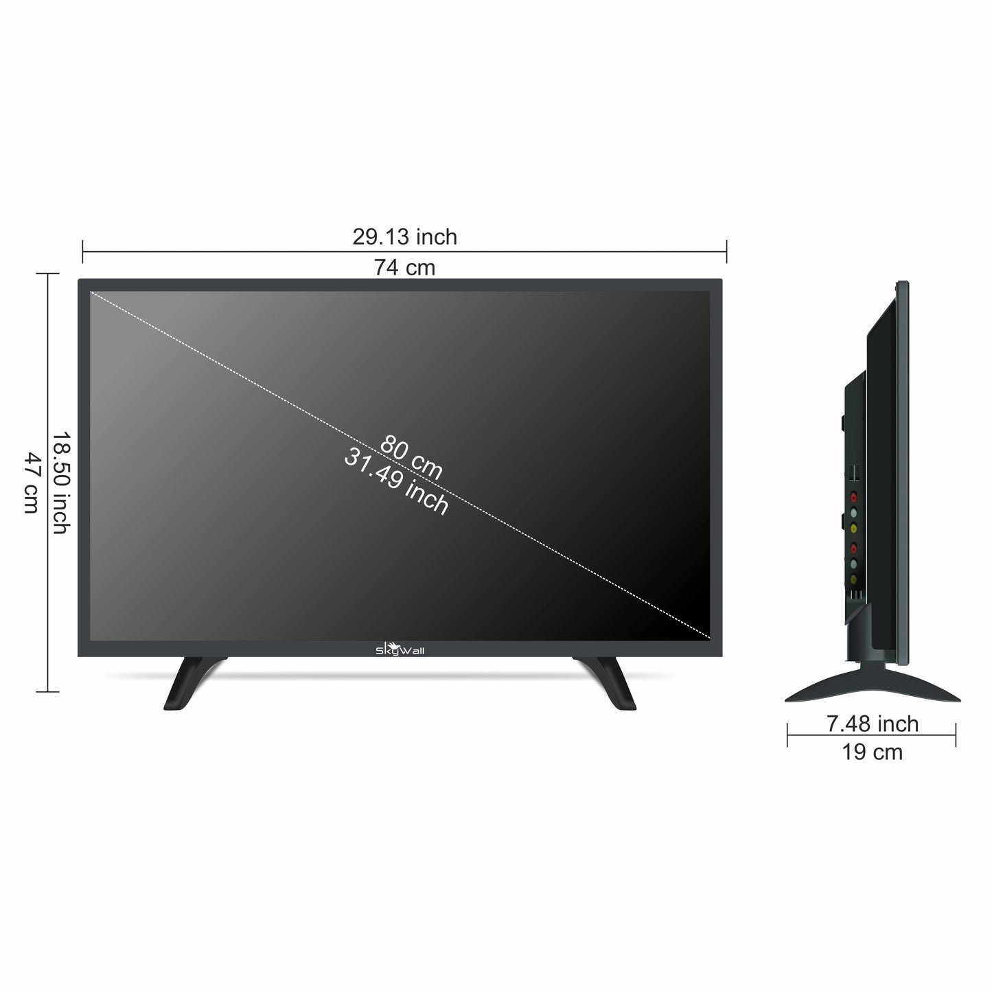 Black TV with dimensions labeled on a white background