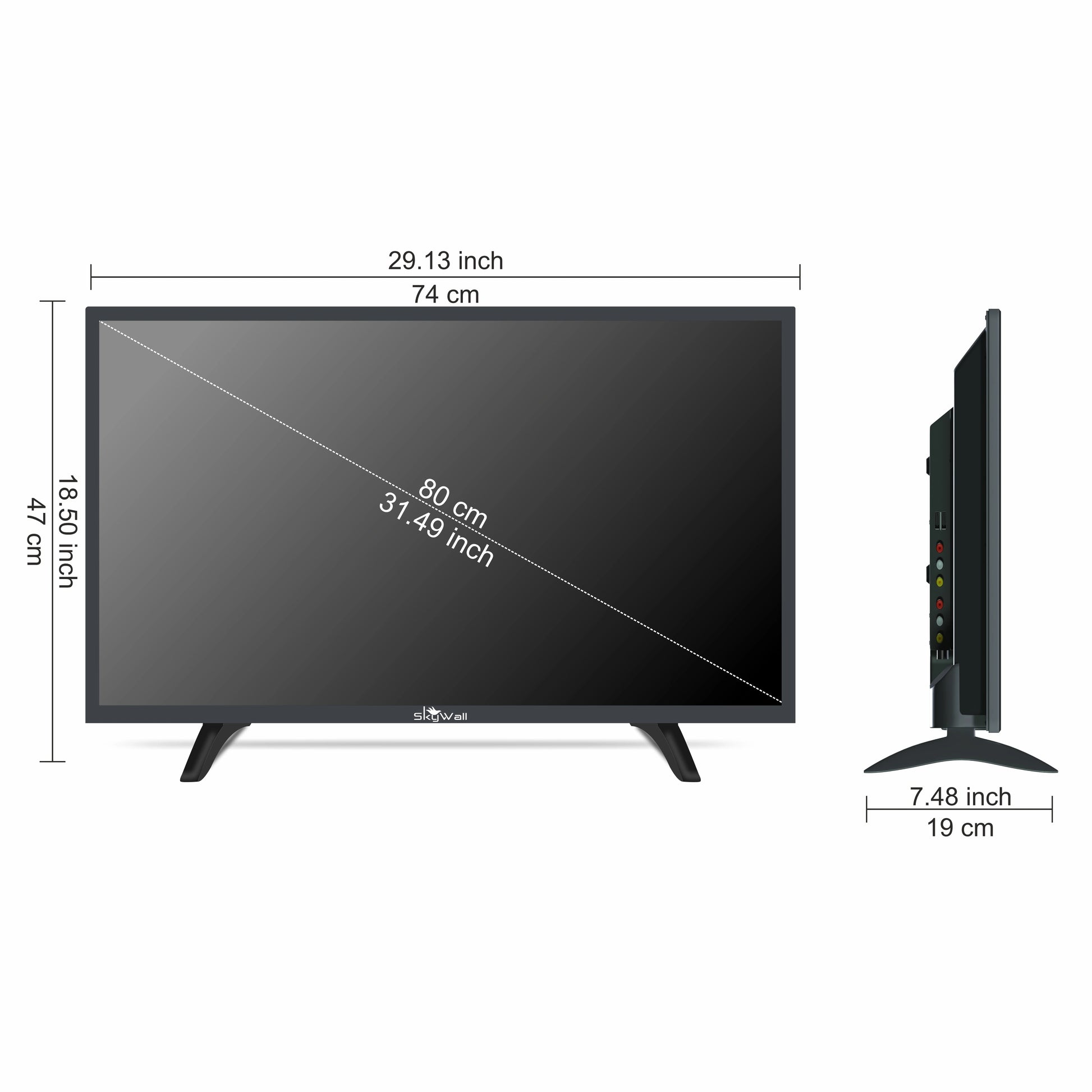 Black TV with dimensions labeled on a white background