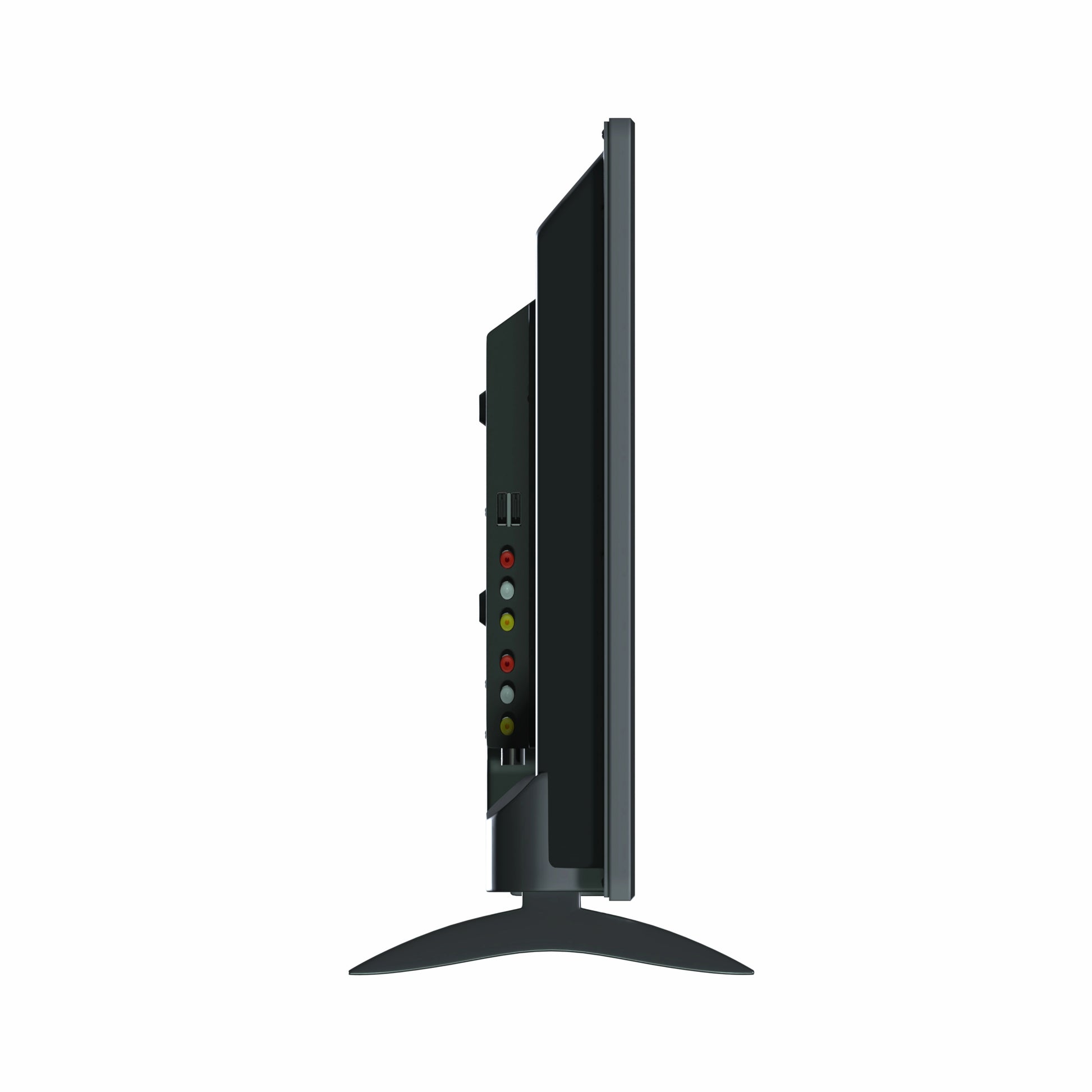 Side view of a black computer monitor on a white background