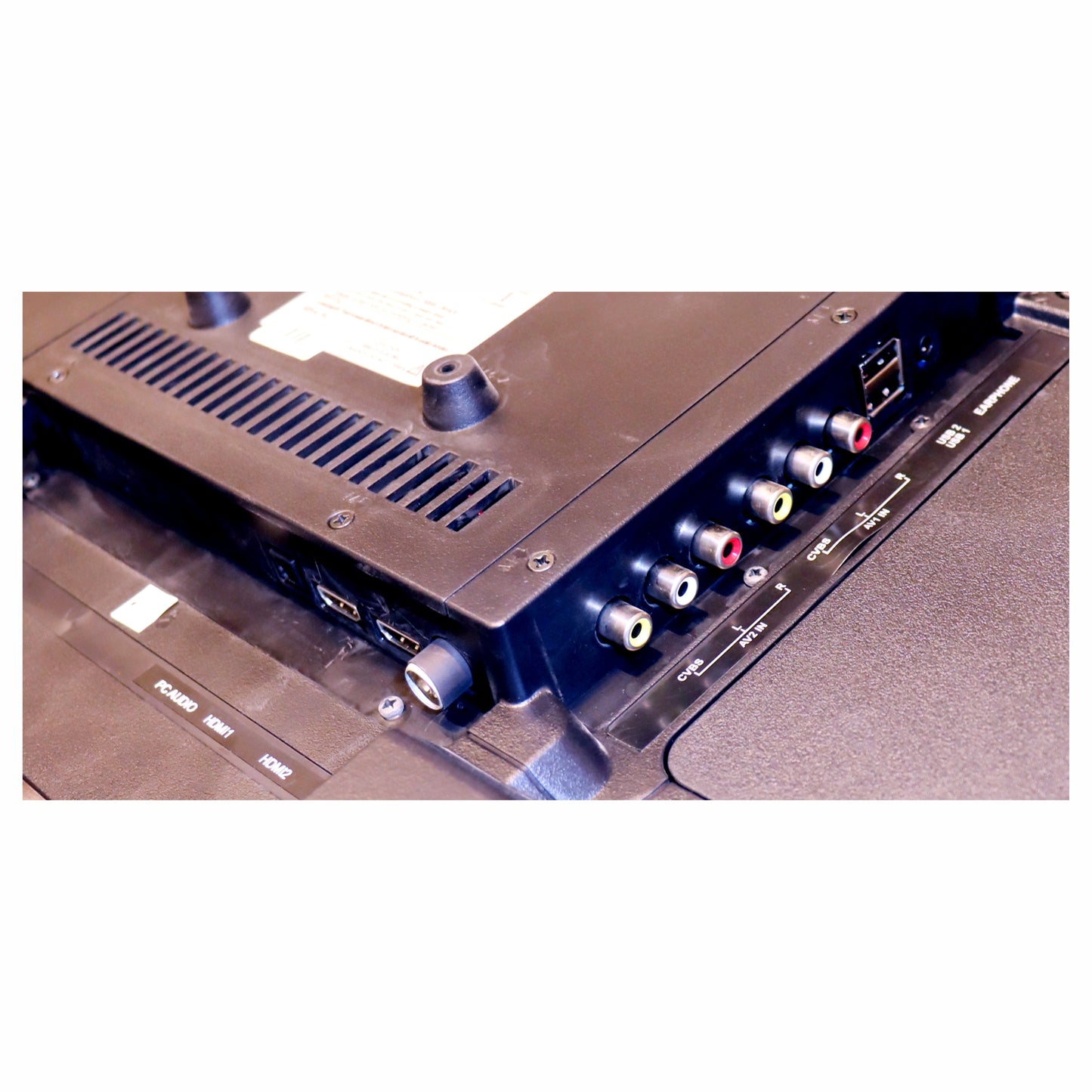 Close-up of a electronic device with connectors on a white background