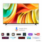 Smart TV with colorful display and Google Voice Assistant logo, featuring multiple streaming platform logos.