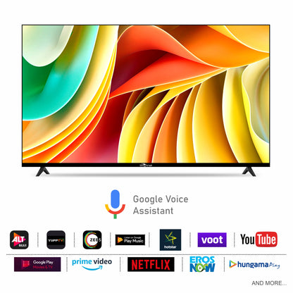 Smart TV with colorful display and Google Voice Assistant logo, featuring multiple streaming platform logos.