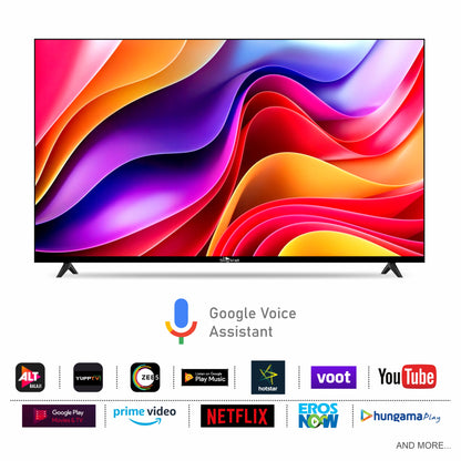 Smart TV with colorful display and Google Assistant logo, featuring multiple streaming platform logos.