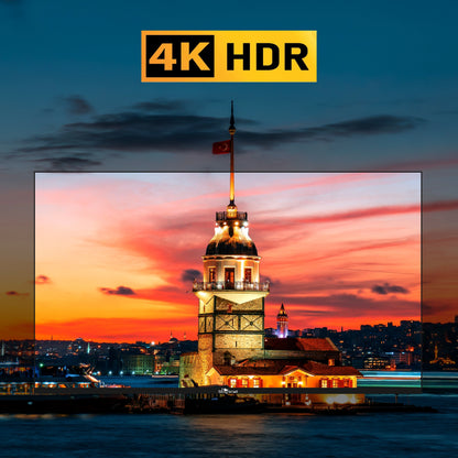 4K HDR display showing a sunset over a tower with a flag, with '4K HDR' text at the top.