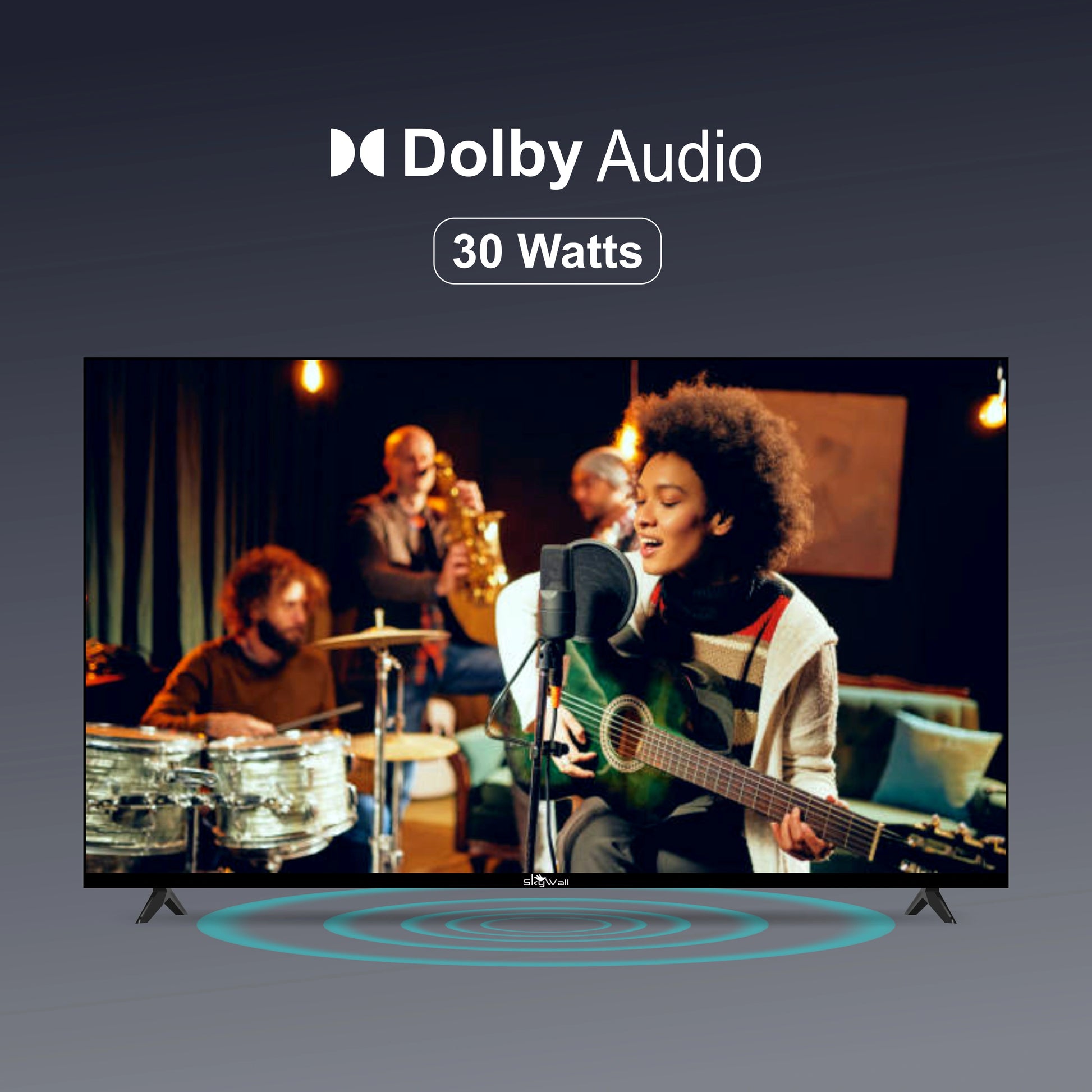 TV screen displaying a band performing with Dolby Audio branding and power rating.
