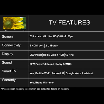 TV features list with screen size, connectivity, display, sound, smart TV, and warranty details on a black background.