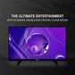 Smart TV displaying a purple abstract design with promotional text on a dark background