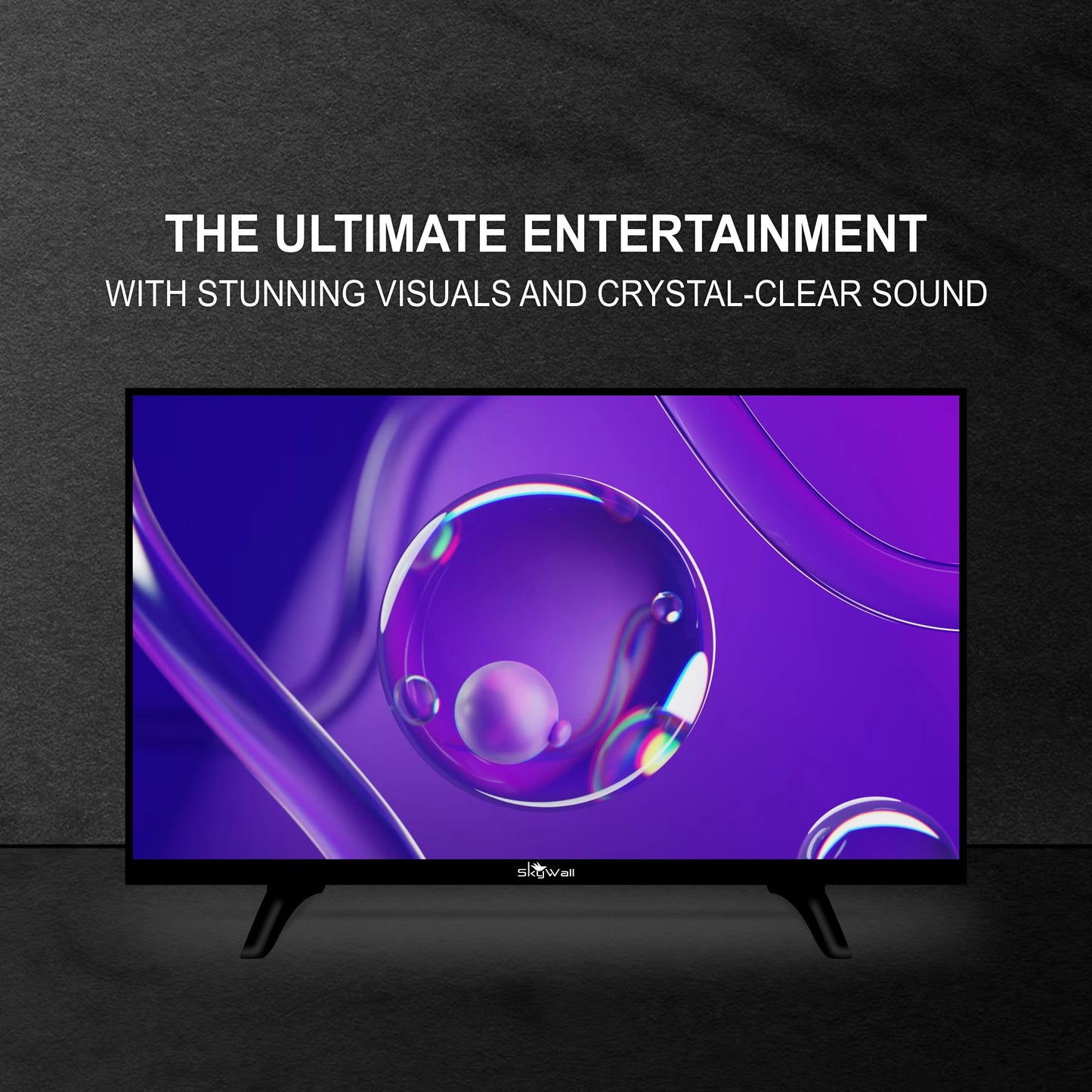Smart TV displaying a purple abstract design with promotional text on a dark background