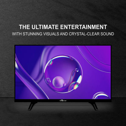 Smart TV displaying a purple abstract design with promotional text on a dark background