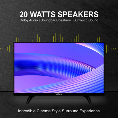 Television with sound wave graphics and text about speakers and audio quality on a dark background