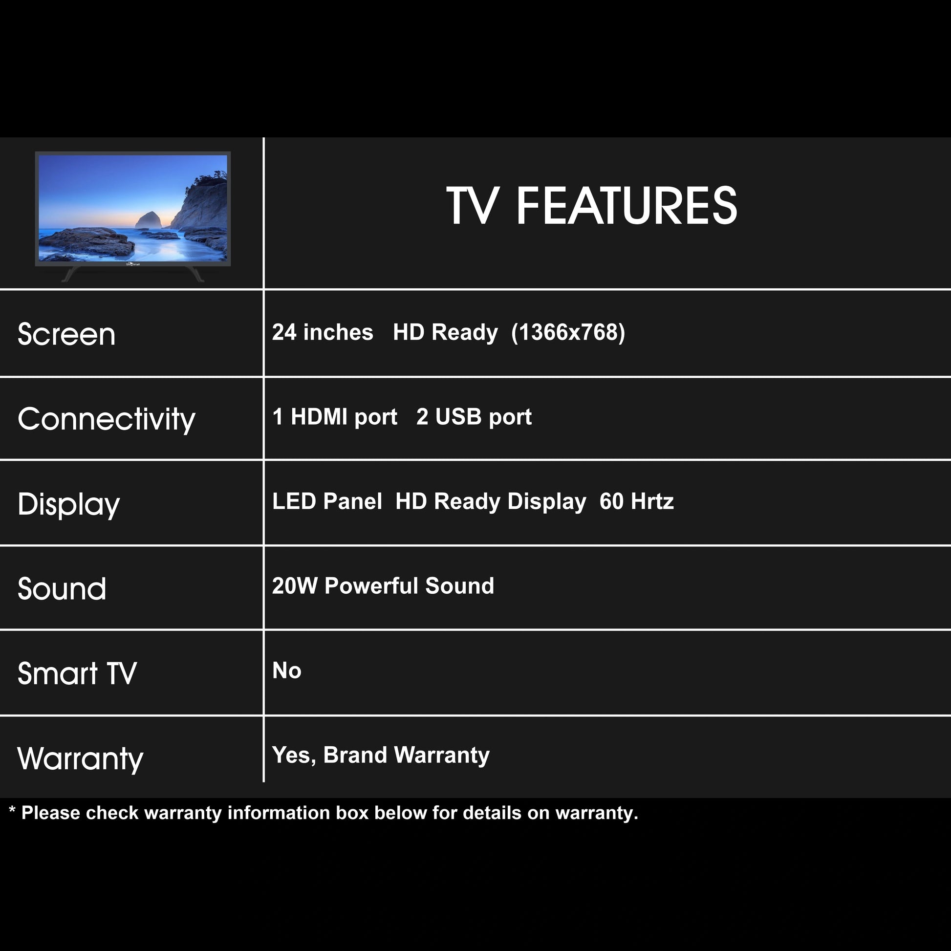 TV features list with screen size, connectivity, display, sound, smart TV, and warranty details.