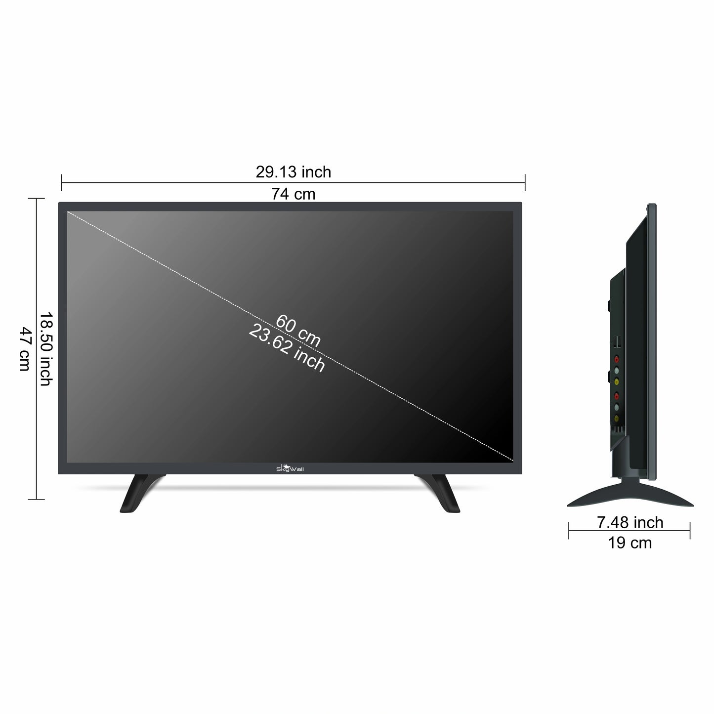 Black flat-screen TV with dimensions labeled on a white background