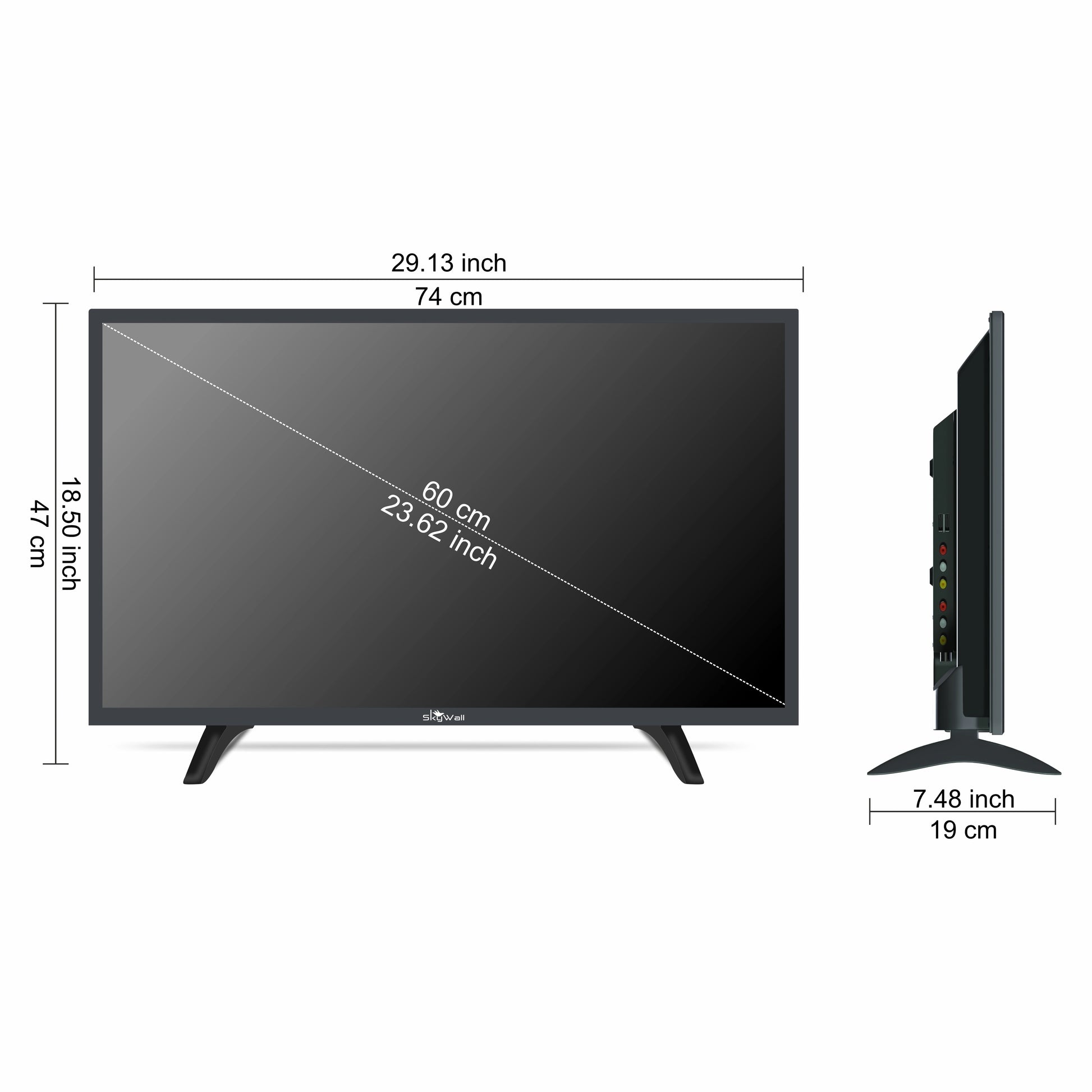 Black flat-screen TV with dimensions labeled on a white background