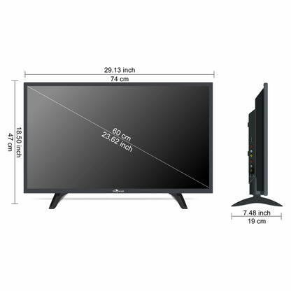 Black flat-screen TV with dimensions labeled on a white background