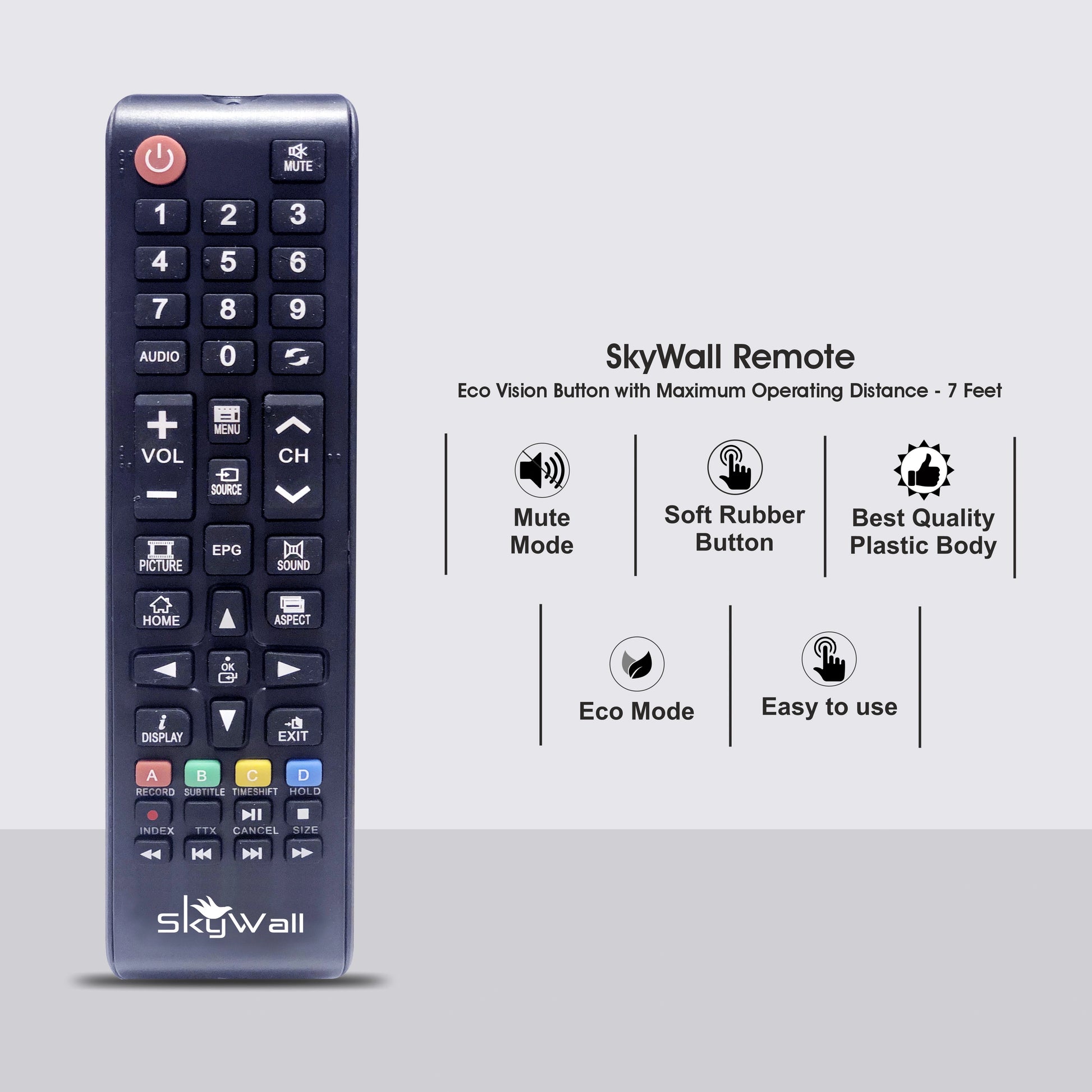 SkyWall remote control with features listed on a gray background