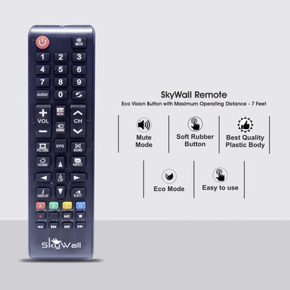 SkyWall remote control with features listed on a gray background