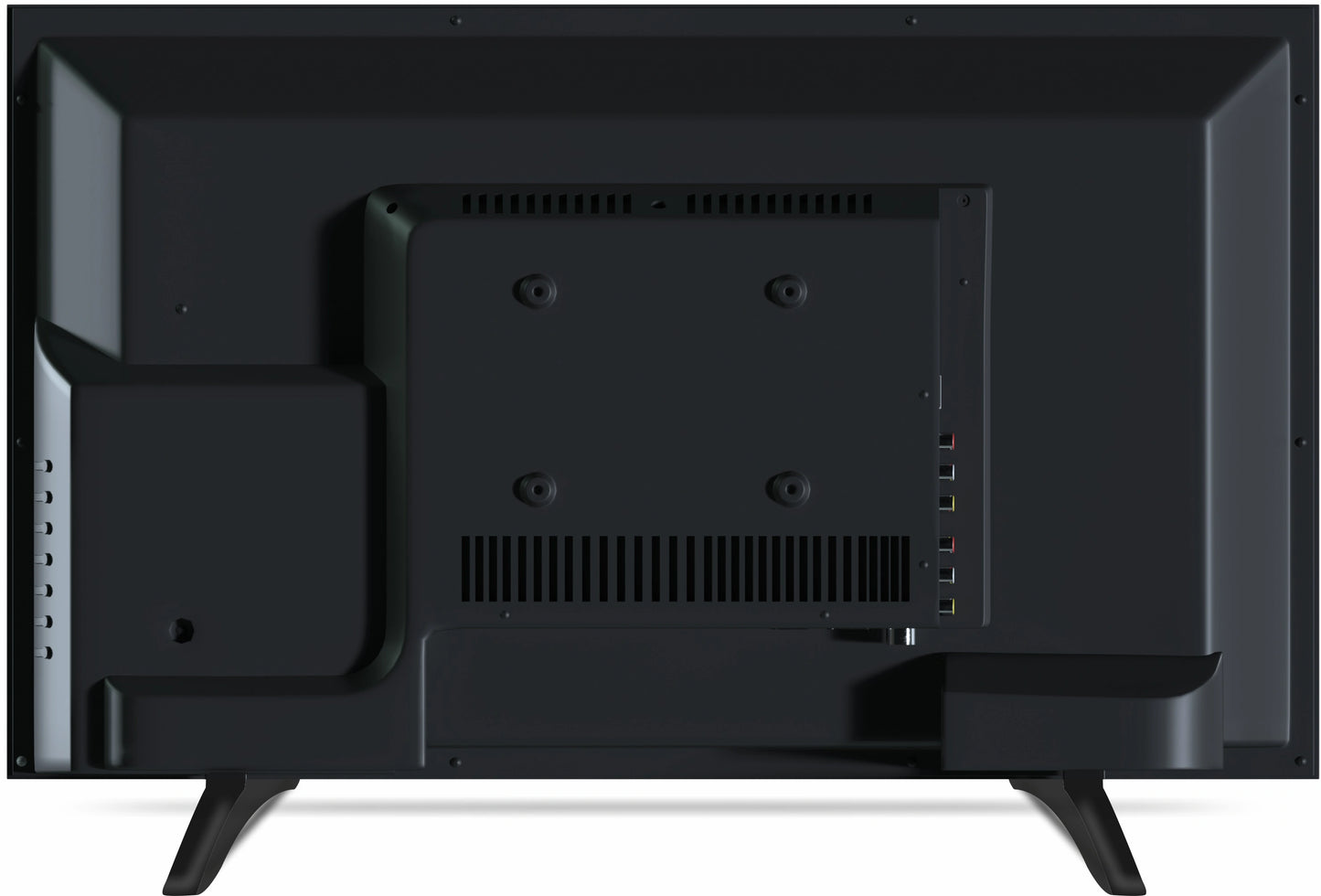 Back view of a black flat-screen TV on a white background