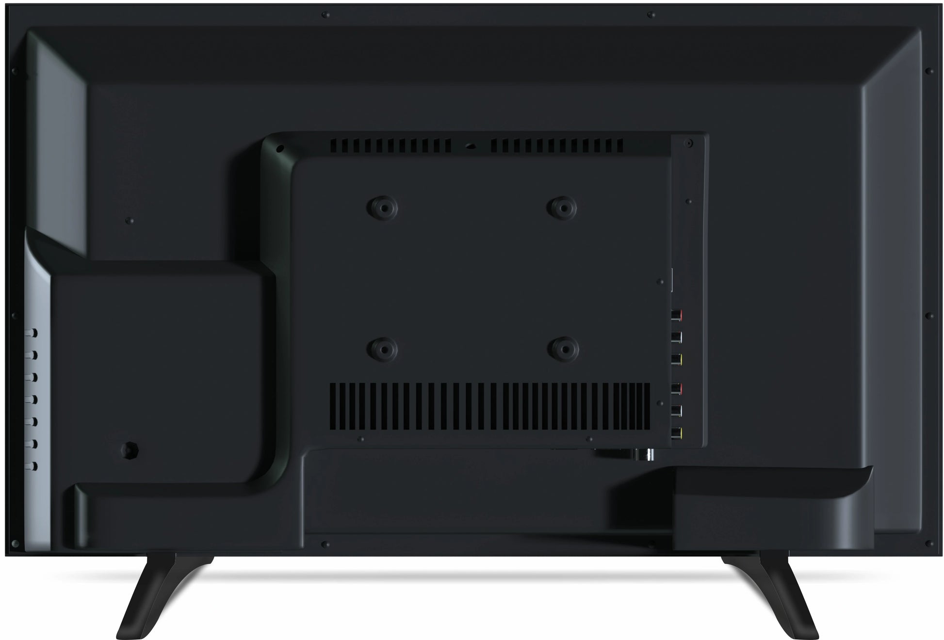 Back view of a black flat-screen TV on a white background