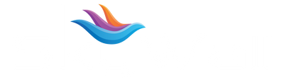 A minimalist abstract logo or emblem featuring layered wavy shapes in blue, purple, and orange on a plain white background.